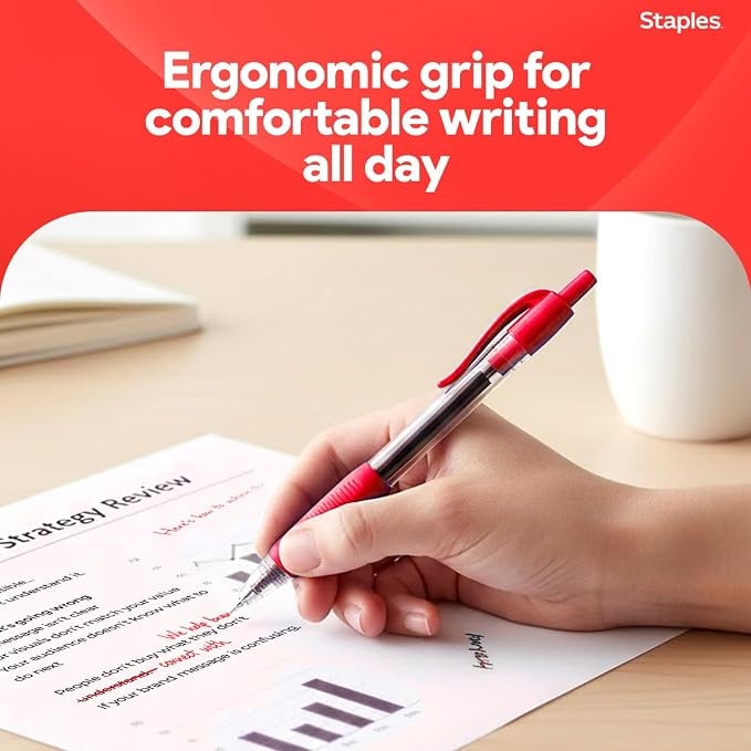 Staples Retractable Gel Pens, Fine Point, Red Ink, 12-Pack | Smooth, quick-dry writing for notes, editing, and everyday office use.