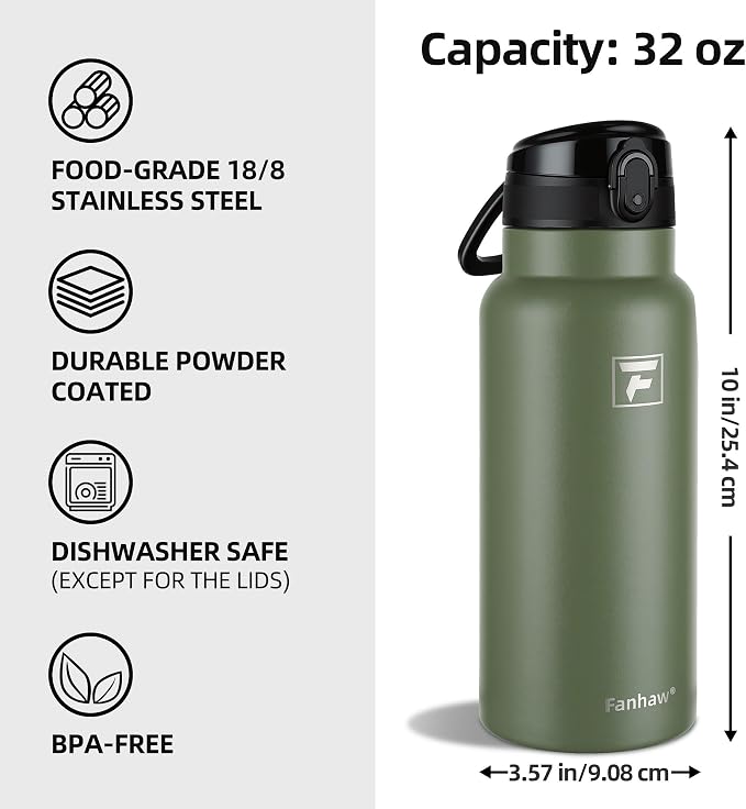 Fanhaw 32 Oz Insulated Stainless Steel Water Bottle with Chug Lid – Wide Mouth, Leak-Proof, BPA-Free – Ideal for Kids, Adults, Sports, Gym, and Outdoor Use (Olive Green)