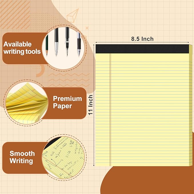 Glyanlee Legal Pads 8.5 X11, College Ruled Notepads, 2 Pack, 50 Sheet/Pad, Yellow Legal Pads, Tear Off Notepad, Perforated Writing Pad, Notebook Paper, Notepads For Office Home School, Notepad