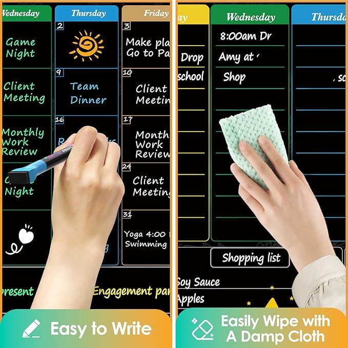 MaxGear Black Magnetic Calendar for Refrigerator, 16x12 Monthly and Weekly Dry Erase Fridge Whiteboard, Menu Schedule Planner Board, to-Do List, Notepad with 7 Markers,1 Eraser, and 1 Shopping List