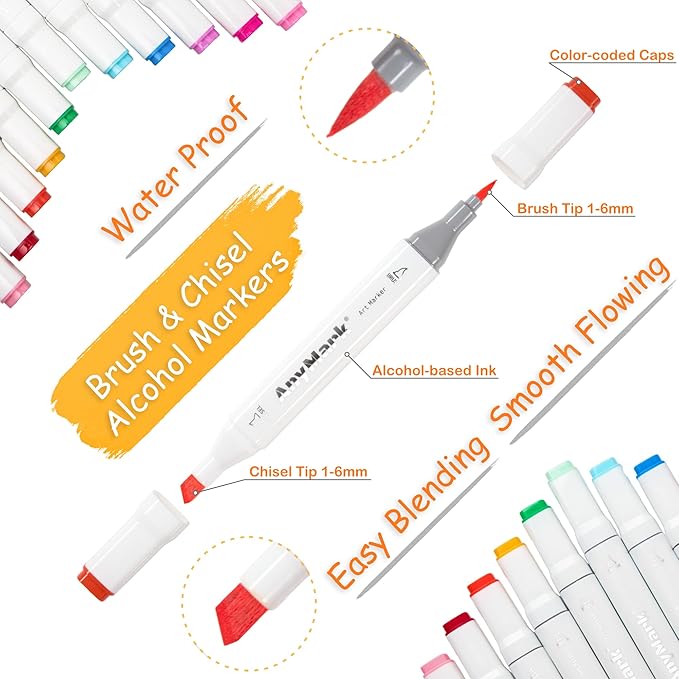AnyMark Alcohol Markers Brush Tip, 120+1 Colors Dual Tip Brush & Chisel Alcohol-Based Art Markers Set with Case for Adult Artists Drawing Coloring