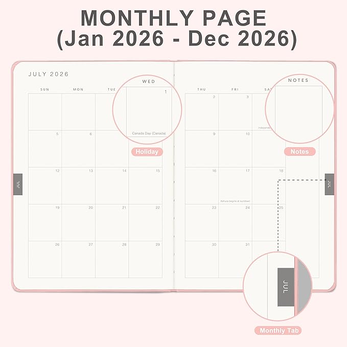And Per Se 2026 Planner-Daily, Weekly & Monthly Leather Hardcover Planner, 5.7" x 8", Daily Schedule, 100 GSM Thick Paper, Back Pocket(Pink)