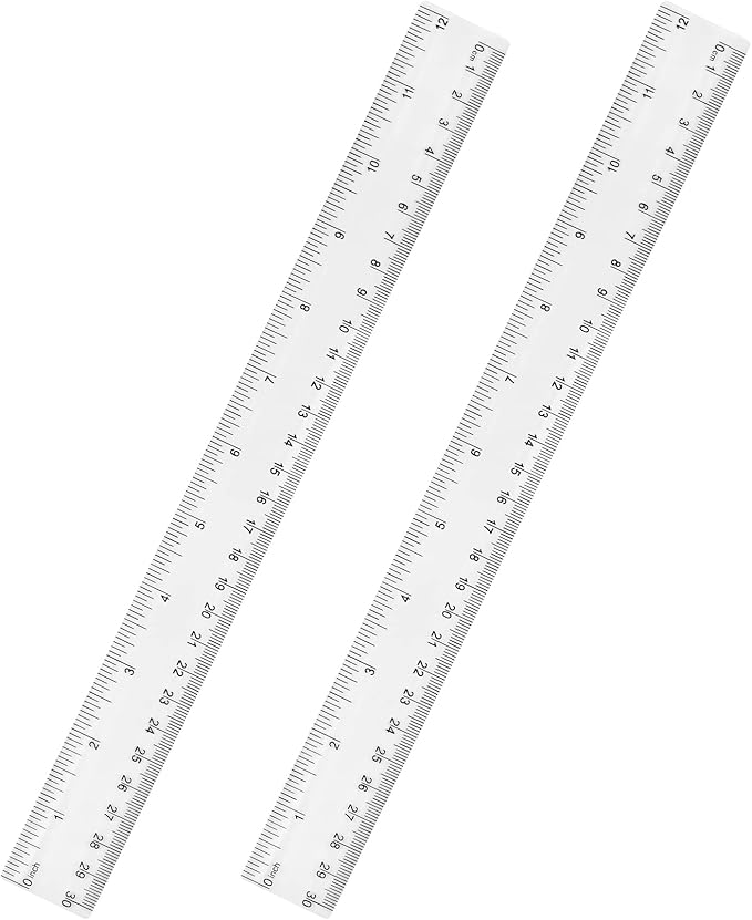 Unjoo Clear Plastic Ruler 12 Inch Straight Rulers, Shatterproof Ruler with Inches and Centimeters for School Classroom, Home, or Office (2pcs)