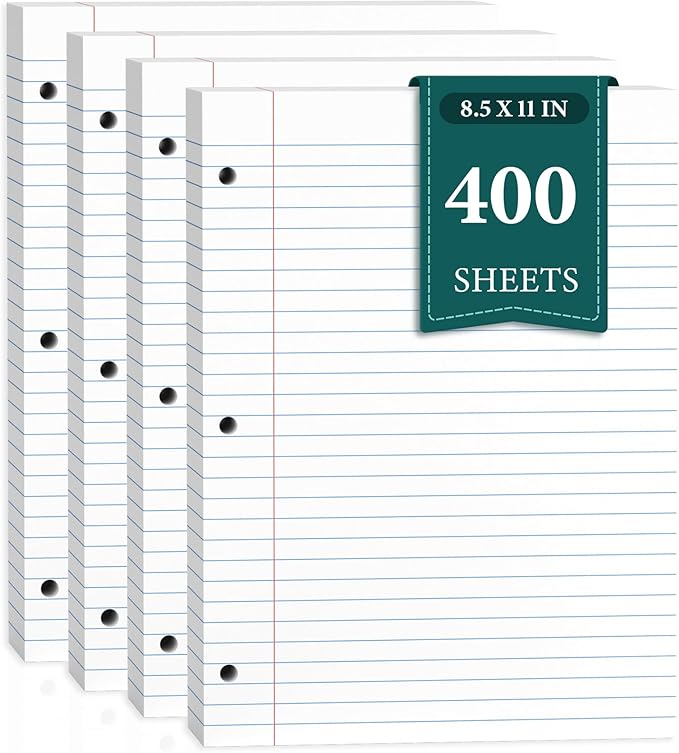 400 Sheets Loose Leaf Paper Wide Ruled Filler Notebook Paper 8.5 x 11 Binder Paper, Wide Ruled Paper Lined Paper, Filler Paper 8-1/2" x 11" Writing Paper with Lines, 3-Hole Punched Fits 3-Ring Binder