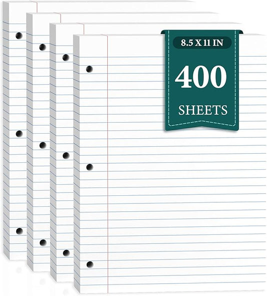 400 Sheets Loose Leaf Paper Wide Ruled Filler Notebook Paper 8.5 x 11 Binder Paper, Wide Ruled Paper Lined Paper, Filler Paper 8-1/2" x 11" Writing Paper with Lines, 3-Hole Punched Fits 3-Ring Binder