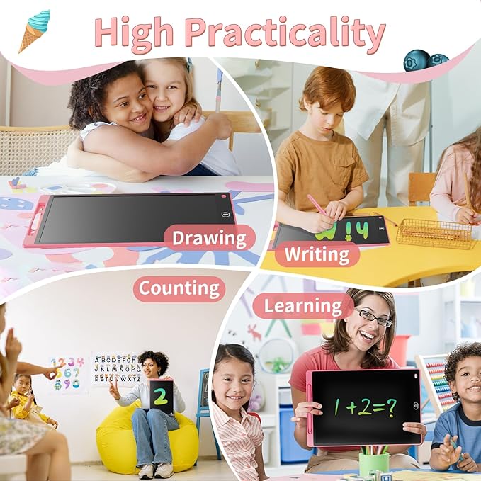 Genialba LCD Writing Board 16 Inches, Colourful Electronic Tablet, Portable Erasable Drawing Board, Graphic Tablet for Children's Games 3 4 5 6 7 Year Old Kid Boys Girls (Pink)
