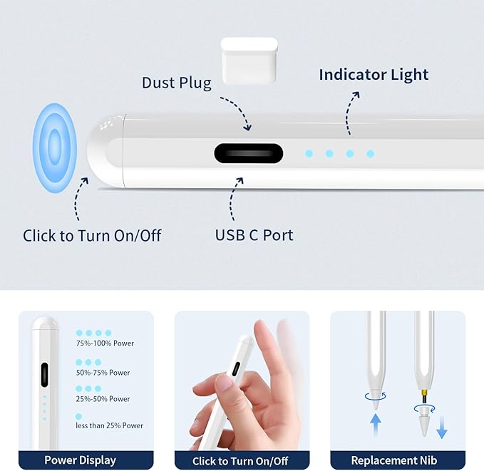 Stylus Pen for iPad,(2018-2026) Fast Charge with Tilt Sensitivity & Palm Rejection Compatible with iPad Pro 11"/12.9", iPad mini 5/6, iPad Air 3/4/5, iPad 6/7/8/9/10 (White)