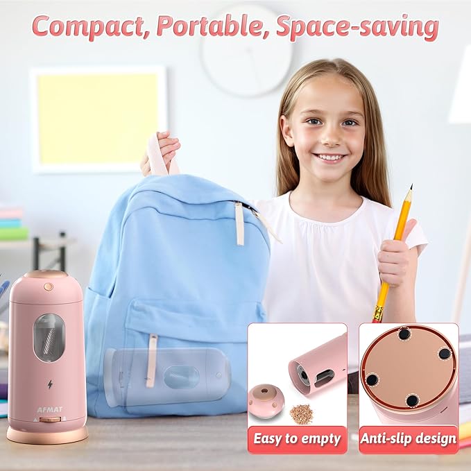 AFMAT Electric Pencil Sharpener, Auto in & Out, Fully Automatic Pencil Sharpener, Rechargeable Hands-Free Sharpeners for Jumbo & Colored Pencils (7-11.5mm), Good for Classroom/Home PSC8(Light Pink)