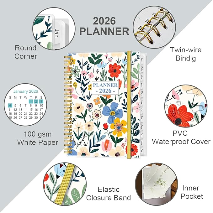 2026 Planner - Planner 2026 from January 2026 to December 2026 with 12 Monthly Tabs, Flexible Cover, Inner Pocket, 8.5" x 11", Flower-B