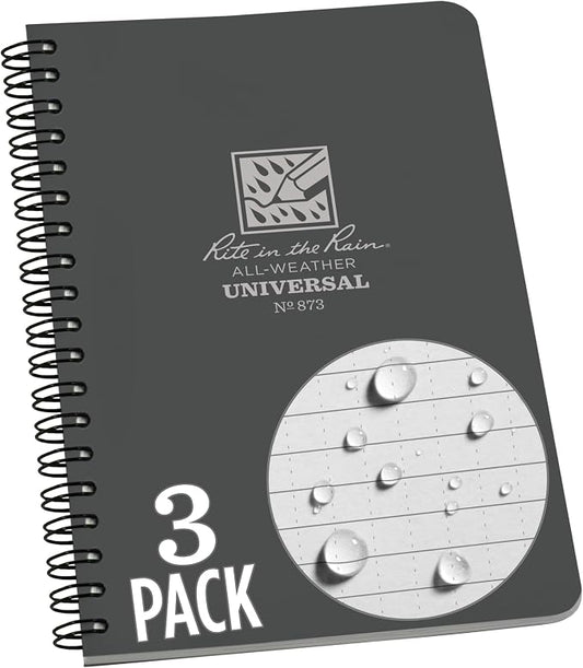 Rite in the Rain Weatherproof Side Spiral Notebook, 4.625" x 7", Gray Cover, Universal Pattern, 3 Pack (No. 873L3)