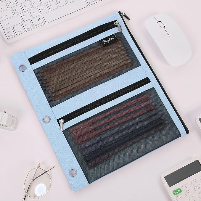 SKYDUE Pencil Pouch for 3 Ring Binder, 3 Pockets and Mesh Window | Zipper Pencil Pouch Pencil Bag with 3 Reinforced Grommets, Durable Organizer for School Supplies, Cables, Earbuds, Makeup