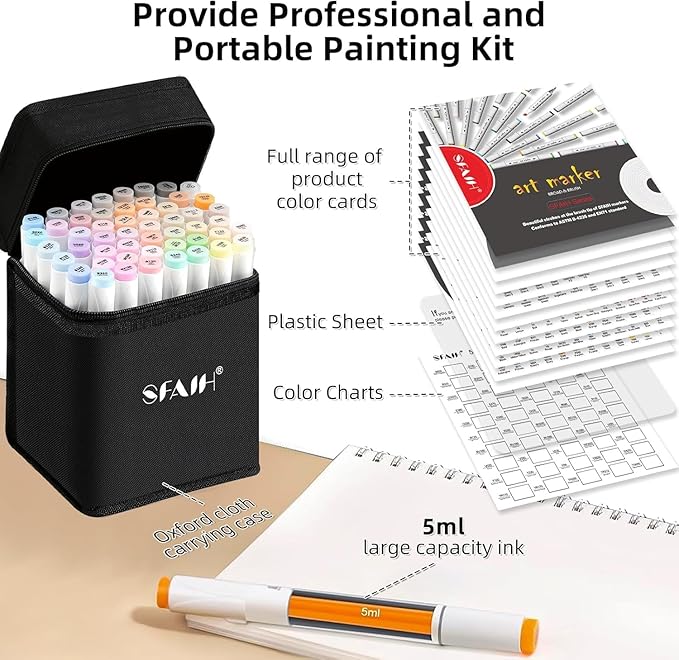 SFAIH Alcohol Markers Chisel & Fine - 51 Pastel Colors Double Tipped Art Markers for Adult Coloring Sketch Illustration Comics, Gifts for Artist Adult, Dual Tip, Colorless Blender