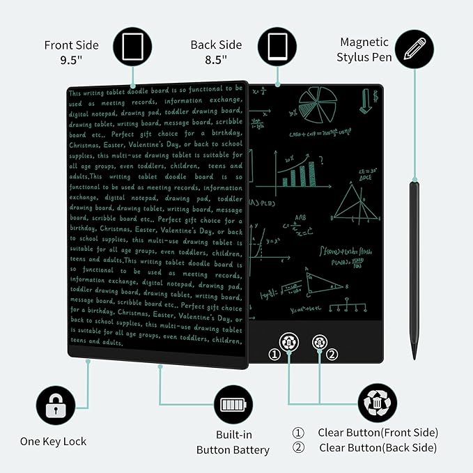 LCD Writing Tablet for Adult: Double-Sided 9.5&8in Full Screen Drawing Tablet Reusable Erasable Digital Notepad for Kids and Adults Gift for Birthday