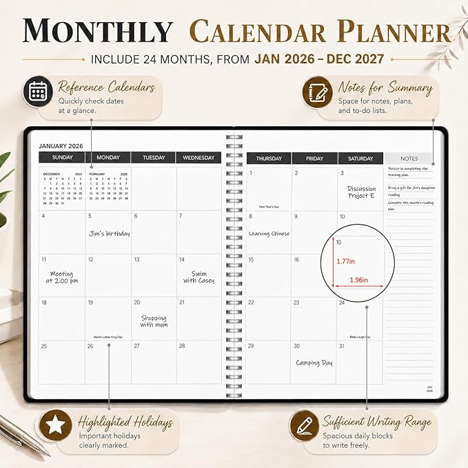 Monthly Planner 2026-2027, 2026 Calendar 24 Months Planner, Jan 2026 - Dec 2027, 8.6" x 11", Academic Calendar Hard PVC Cover with Spiral Bound, Perfect for School & Office for Women & Men