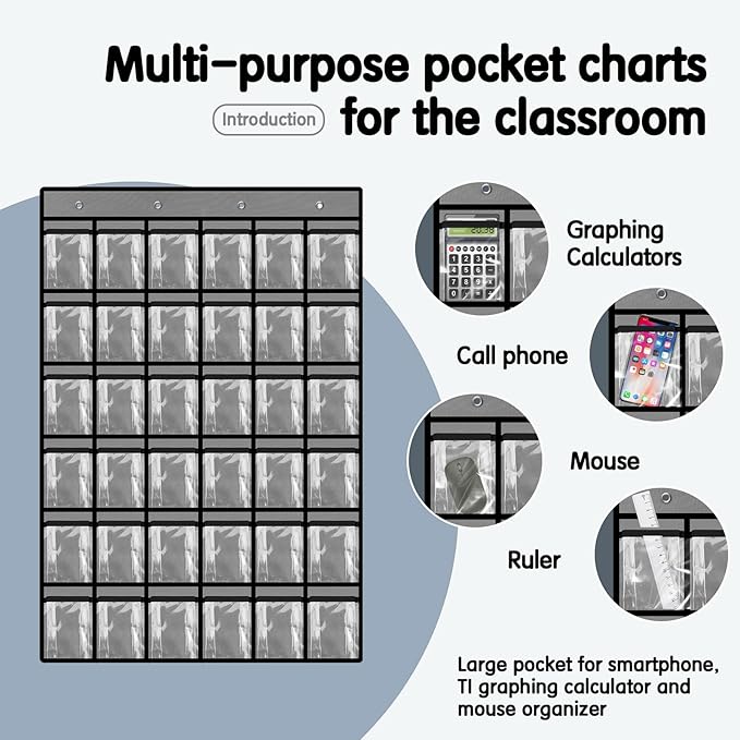 Kotkn 36 Pocket Charts for Classroom Cell Phones, 36 Clear Pocket Charts with Numbered Stickers, Classroom Hanging Cell Phone Organizer, Hangs on Wall, Door Storage Hooks (Gray)