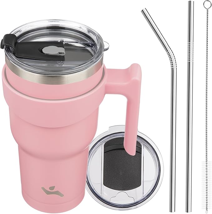 Konokyo 30 oz Tumbler with Handle and 2 Straw 2 Lid, Insulated Water Bottle Stainless Steel Vacuum Cup Reusable Travel Mug, Light Pink