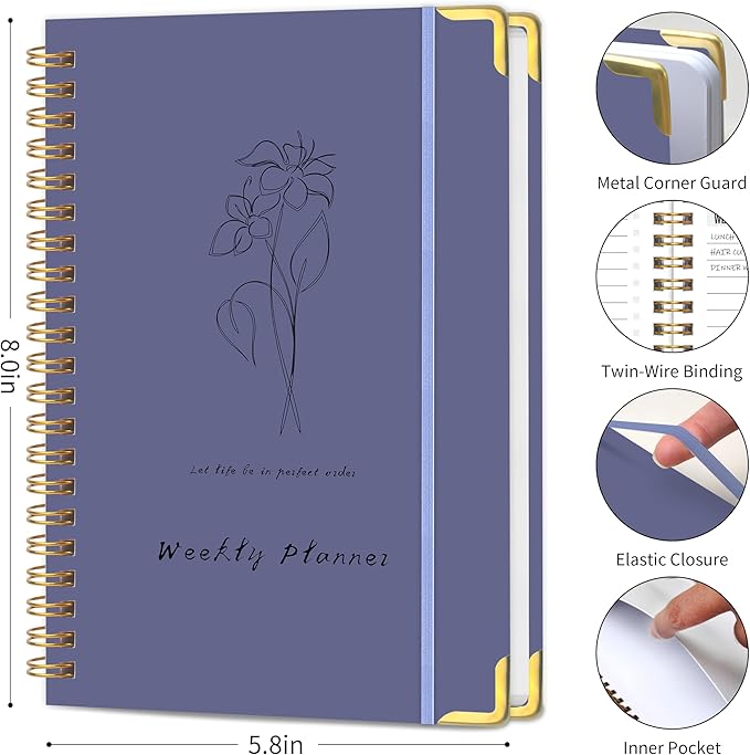 Undated Weekly Planner, Weekly To Do List Notebook with Goal & Habit Tracker Organizer, A5 5.8" x 8.0" Weekly Planner Notebook with Spiral Binding for Men or Women
