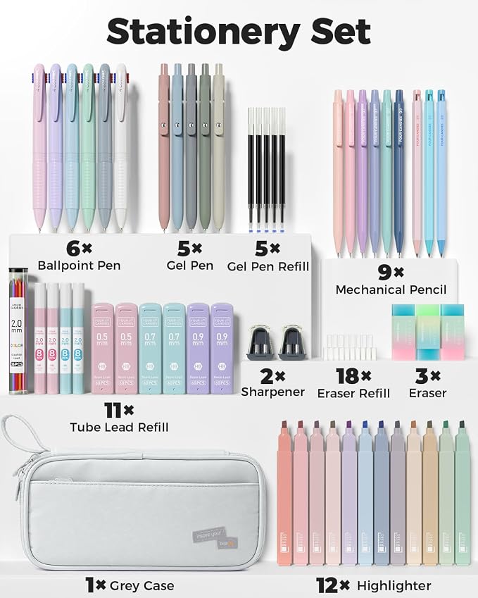 Four Candies 56 PCS Aesthetic School Supplies with Pencil Case (Grey) | 6 Multicolor Pens, 12 Pastel Highlighters, 5 Black Gel Pens, 9 Mechanical Pencils, Student Stationery Set College Essentials