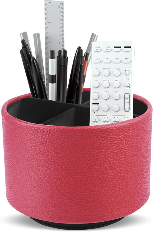 Round Leather Art Supply Organizer,Remote Control Holder,360 Degree Spinning,Multi-Functional Pencil Holder,4 Compartments Desktop Stationary Organizer(1-Lichee Red)