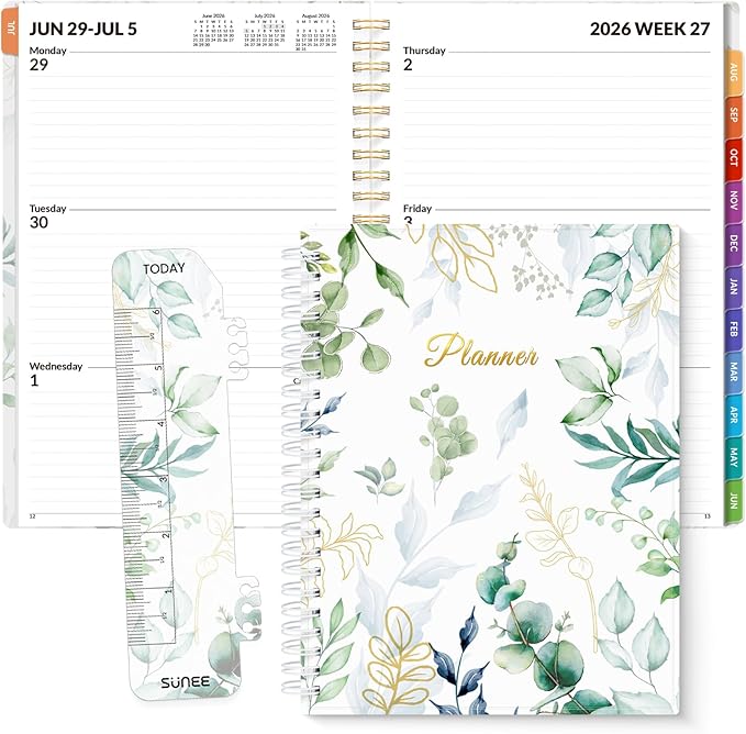 SUNEE Academic Planner 2026-2027 – Weekly & Monthly Planner, July 2026 to June 2027, 6.4"x8.3", Thick Paper, Tabs, Pockets, Bookmark, Spiral-Bound, Student Teacher Organizer, Greenery