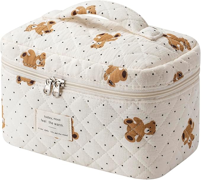 uekeboag Large Travel Quilted Makeup Bag for Women | Soft Floral Cotton Cosmetic Bag, Foldable Coquette Aesthetic Toiletry Organizer