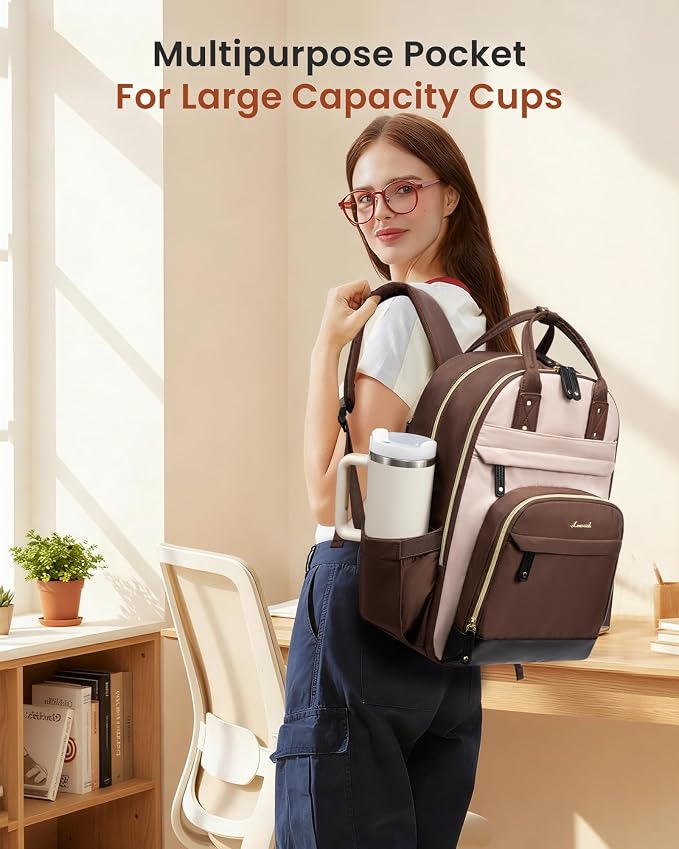 LOVEVOOK Laptop Backpack Women with Giant Cup Holder,15.6 inch Waterproof Work Travel Backpack Computer Laptop Bag,Cute College Nurse Teacher Backpack Purse,Gift for Women & Men,Coffee-Milk tea-Coffee