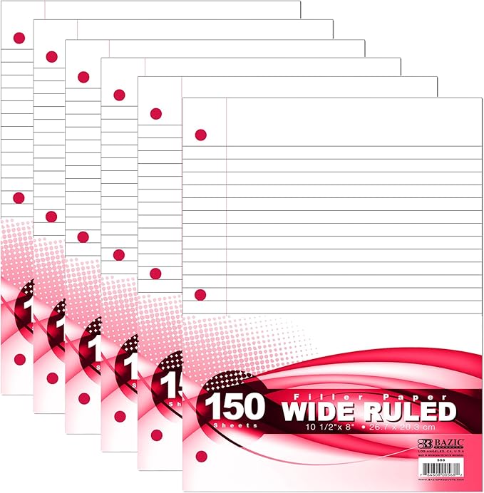 BAZIC Products Filler Paper Loose Leaf Papers 150 ?Sheet, Wide Ruled 3 Hole Punched for Ring Binders, for Office School Student Writing, 6-Pack