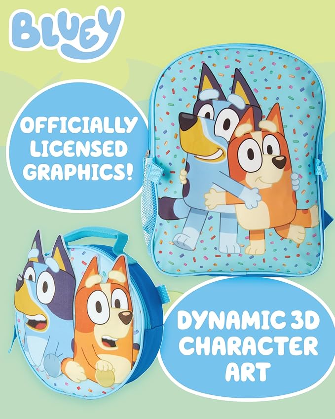 Fast Forward Bluey Kids Backpack and Lunch Box Set - 14" 3D Boys & Girls Backpack with Lunch Box for Preschool & Kindergarten, Bluey Light Blue