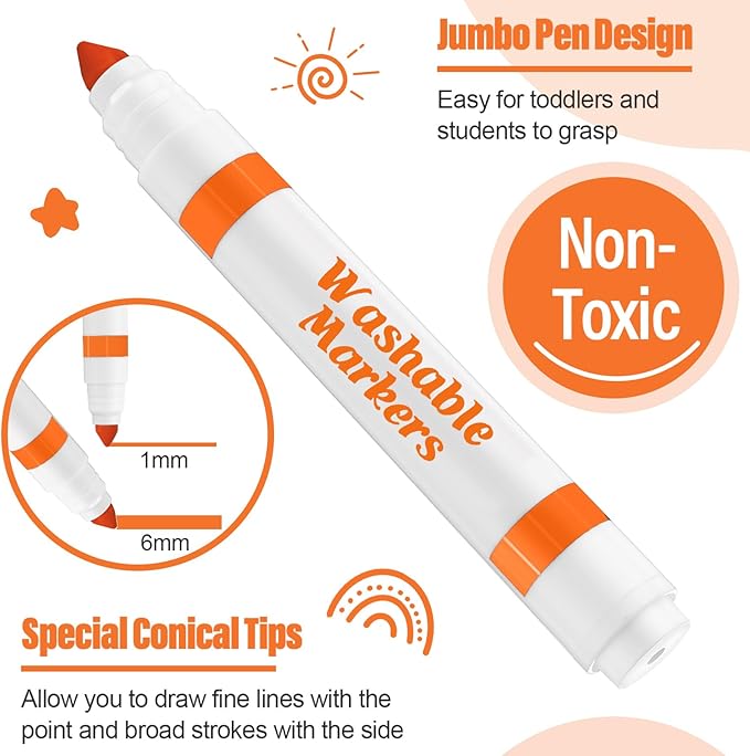 36 Pcs Orange Washable Markers Bulk Coloring Broad Line Markers for Kids Conical Tip Drawing Pen for Christmas, School Supplies, Travel Art Baby Shower Gender Reveal Party Supplies, Ages 6+