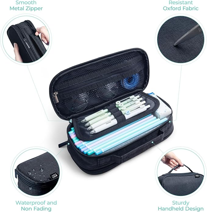 M&G Big Capacity Pencil Case, Large Capacity Pencil Pouch Multi-Slot Pencil Case Organizer, Portable Big Pencil Bags with Zipper for Makeup Brush Teen Boys Girls Office (Black)