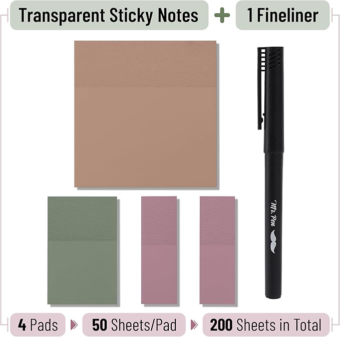 Mr. Pen- Transparent Sticky Notes Set, 200 Sheets, Transparent Sticky Notes and Planner Tabs with Black Fineliner Pen for Bible Study, Office, School, Planning, Journaling & Organization