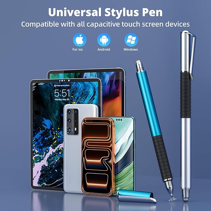 4-Pack Capacitive Stylus Pens for Touch Screens, 2-in-1 High Sensitivity Fine Point Disc & Fiber Tip Stylus with Portable Clip, Universal for iPad, iPhone, Android, Tablet & Drawing Stylist