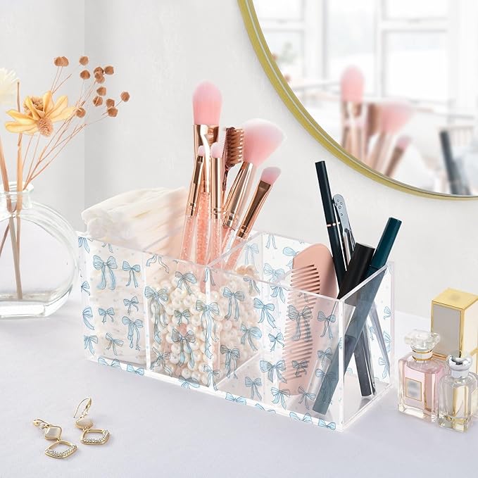 Aslsiy Doodle Bow Knots Blue Pen Holder Coquette 4 Compartments Acrylic Pencil Holder Clear Makeup Brush Holder Desk Organizer Office Supplies