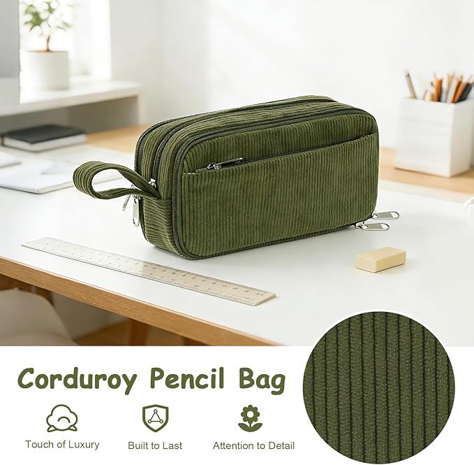 BuyCard Large Capacity Corduroy Pencil Case, Green Zipper Pouch, Aesthetic Pen Pouch, Supplies Organizer for Teen Girls Boys Women Men,Teacher Appreciation Gifts, Mothers Day Gift