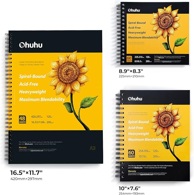 Ohuhu Marker Pads Art Sketchbook, 16.5"x11.7" XL A3 Large Paper Size, 120 lb/200 gsm Heavy Smooth Drawing Papers, 48 Sheets/96 Pages, Spiral Bound Sketch Book for Alcohol Markers Christmas Gift
