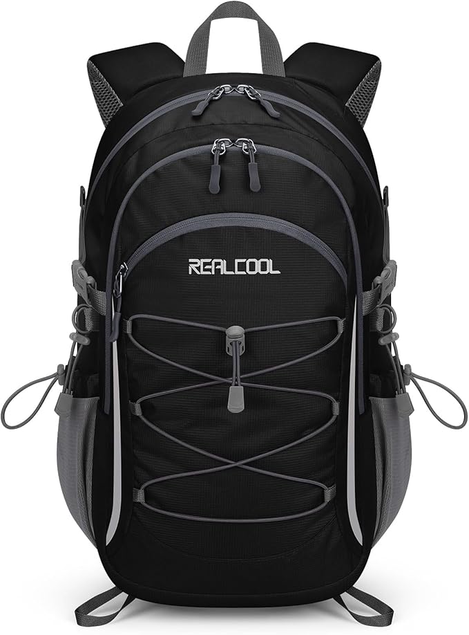 RealCool 30L Lightweight Hiking Backpack, Waterproof Daypack for Camping | 210D tear-resistant nylon, breathable shoulder and back panel, Multi-Compartment,hydration system,reflective strip,bungee net