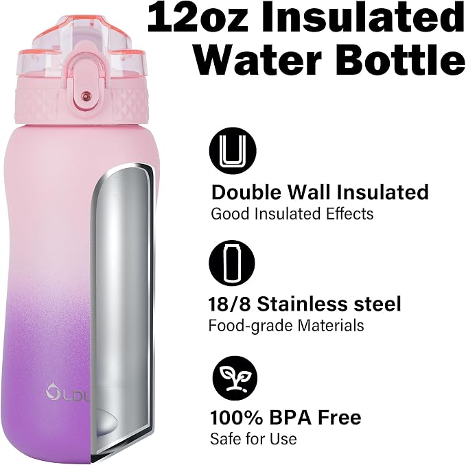 Oldley Insulated Water Bottle 12oz Kids Water Bottles with Straw, Stainless Steel Water Bottle with 2 Lids,Double Wall Vacuum Bottle, Leak-Proof Sport Bottles for School Travel, Ombre Pink-Purple