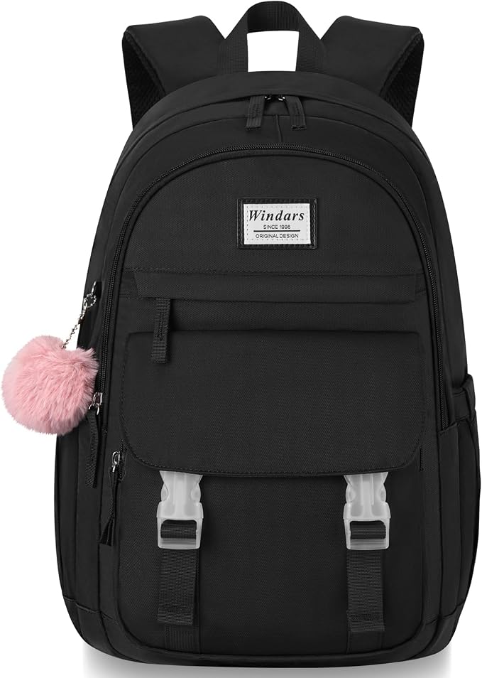 WINDARS School Backpack for Teen Girls, Cute College Backpacks for Women Students Aesthetic Bookbag Large 15.6 Inch Laptop Bag Middle School Travel Back Pack (Black)