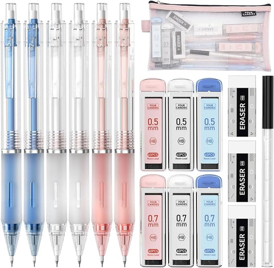 Four Candies Cute Mechanical Pencil Set, 6-Pack 0.5/0.7mm | Clear Storage Case, 360 Leads, 3 Erasers, 9 Eraser Refills, Non-Slip Rubber Grips, Aesthetic Design, for Writing and Drawing