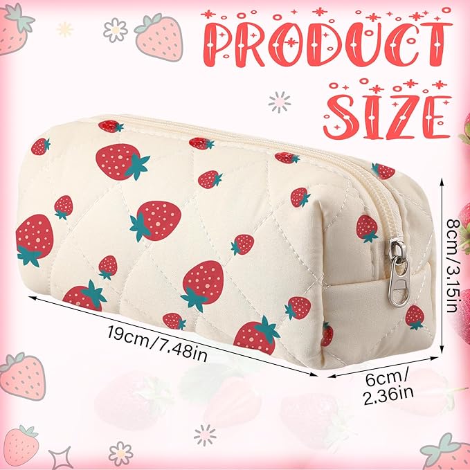 Sherr Strawberry Pencil Case Cute Fruits Pencil Pouch Soft Cotton Quilted Storage Bag Aesthetic Pattern Gift Makeup Pouch Cosmetic Travel Bag for Women