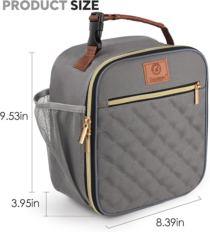 Genteen Lunch Box Reusable Lunch Bag for Men Women Kids Adults,Insulated Lunch Bag Waterproof Lunch Box Cooler,Small LunchBox With Side Pockets for Work Office School Travel Picnic -Gray