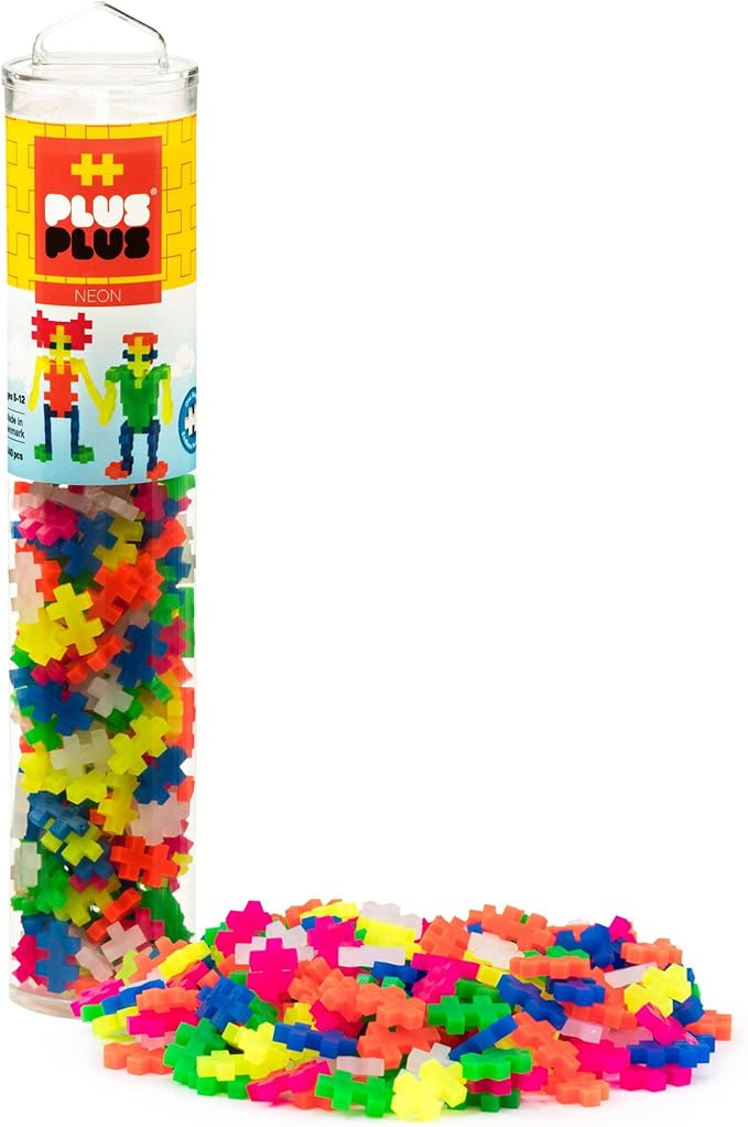 PLUS PLUS 240 Piece Interlocking Building Blocks for Kids, Open Ended Connecting Toys, Stem Bin Classroom Mini Manipulatives - Neon Mix Play Tube