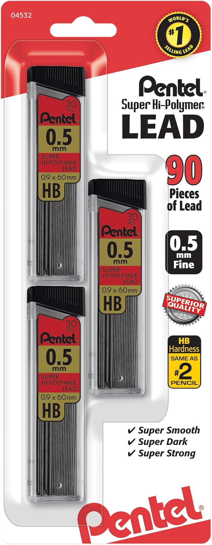 Pentel Super Hi-Polymer Lead Refills, (0.5 mm), Fine, HB, Pack of 3, 90 Pieces (C25BPHB3-K6)