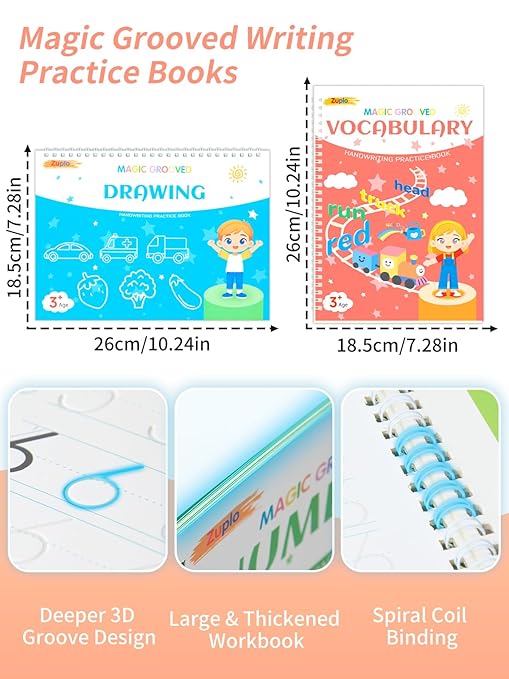 Magic Grooved Writing Practice for Kids Ages 3-8, Reusable Handwriting Workbooks for Preschool Learning, Letters Numbers Math & Drawing Tracing Books with Disappearing Ink Pens, Educational Gift