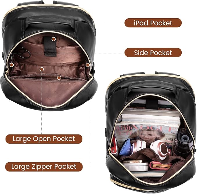 LOVEVOOK Laptop Backpack Purse for Women, Large Capacity Travel Computer Work Bag, Faux PU Leather Quilted Casual Nurse Backpack for Womens, Fit 15.6 Inch Laptop with USB Port, Black