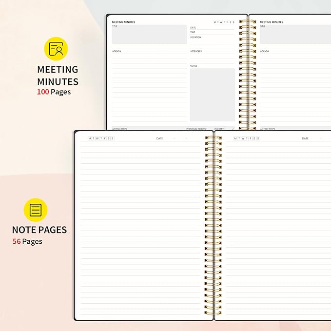 SUNEE Meeting Notebook for Work with Sticky Tabs - 160 Pages, A4 Size Project Planner, Spiral Meeting Agenda/Minutes Notebook Organizer for Women Men, Note Taking, Office & Business, 8.5"x11", Black