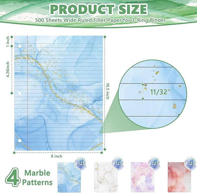 500 Sheets 8×10.5 Inch Colored Loose Leaf Paper Wide Ruled for 3-Ring Binder 11/32" Spacing Colored Marble Lined Filler Notebook Paper Wide Ruled 3-Hole Punched 80gsm for School Office