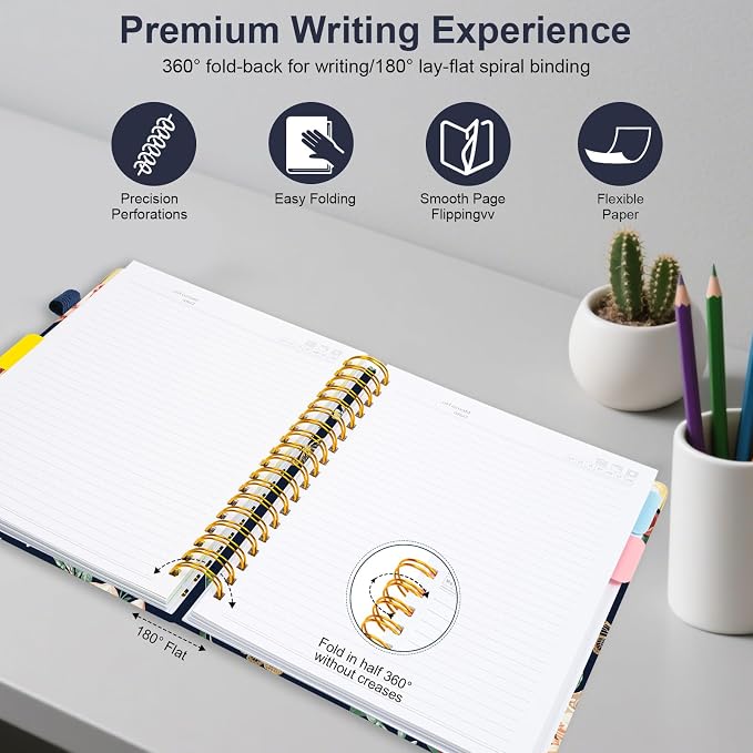 Spiral Journal Notebooks for Work, 300 Pages 5 Subject Notebook College Ruled with Dividers & Tabs, A4 Notebook Journal for Women Students Note-Taking and Organizer (Velvet Bloom)