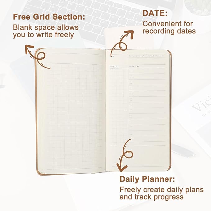 PATIKIL Planner Notebook, 7 x 3.8" 96 Sheets Undated Daily Planner Pocket to Do List Daily Weekly Goals Notebook for Office Home Study Work Time Management Habit Tracker, White