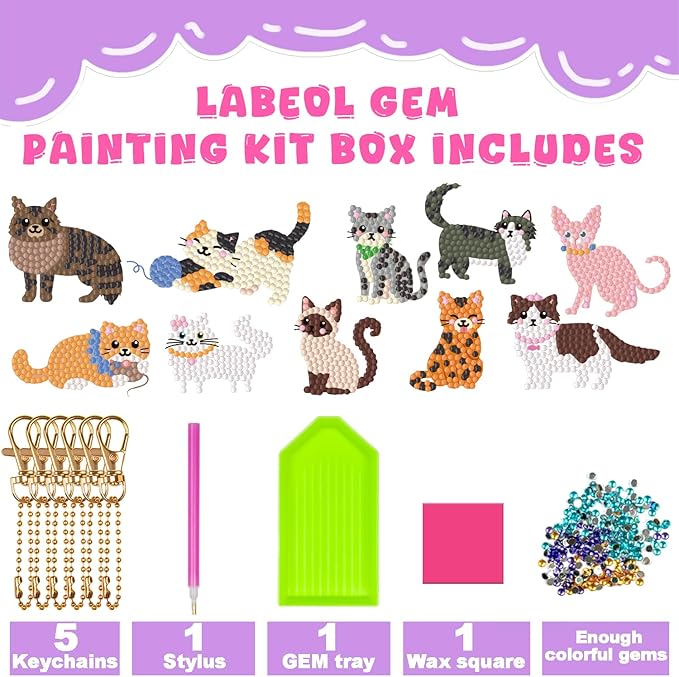 Labeol Arts and Crafts for Kids Ages 8-12 - Creat Your Own GEM Keychains-5D Diamond Art by Numbers GEM Art Kits for Kids Girls Toddler Crafts Age 6-7 6-8 10-12 (Cat)